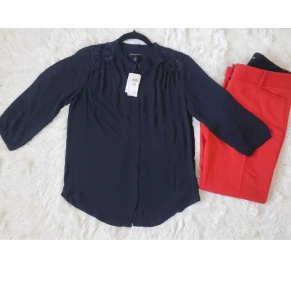 Banana Republic Sheer Lace Navy Blue Button Up 3/4 Dress Shirt XS PETITE RT$65